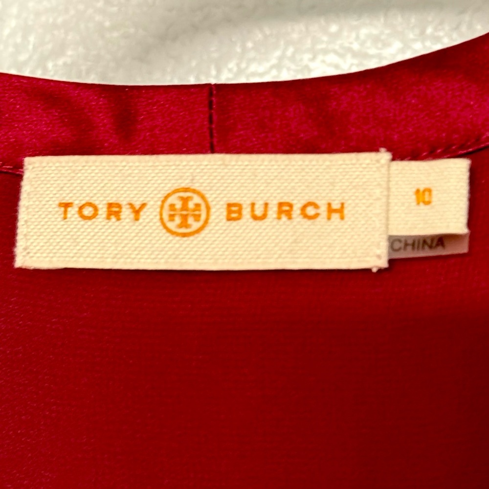 Tory Burch Diana Silk Blouse Ruffled Neck Lined Imperial Garnet Sz 10 - Picture 3 of 9